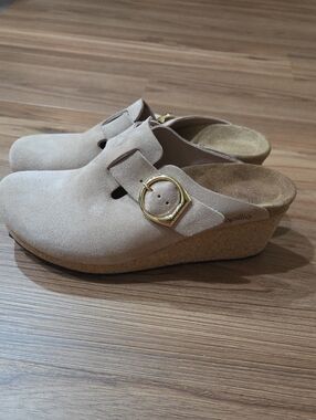 Birkenstock Beige Suede Wedge Clog with Gold Buckle